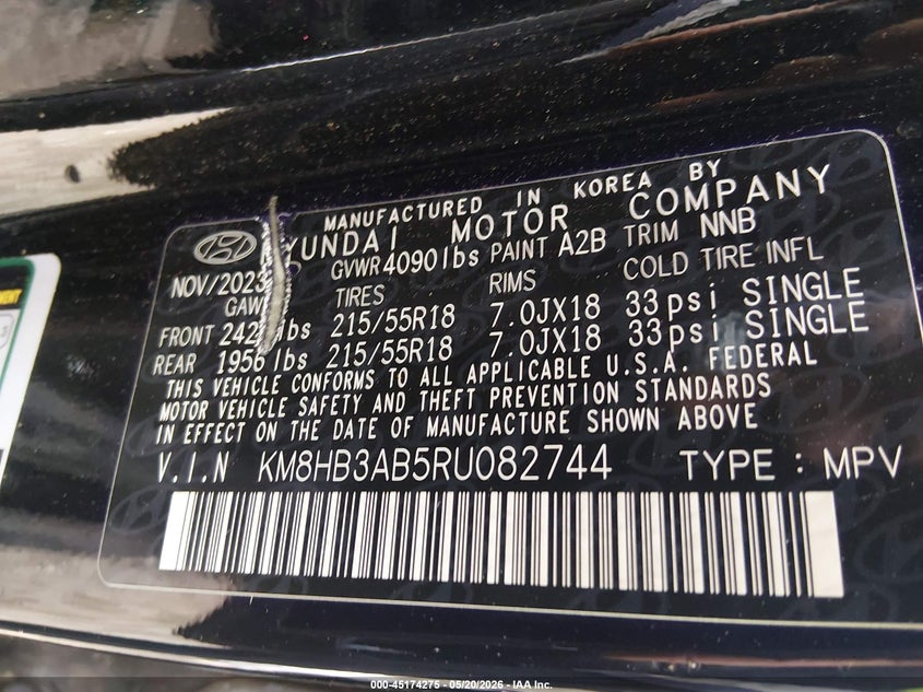 2024 Hyundai Kona VIN KM8HB3AB5RU082744 IAAI salvage auction — REAR END, Clear (Oklahoma), sold $4,750 on 2026-07-08 (photo 9)
