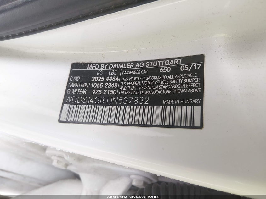 2018 Mercedes-benz Cla-klasse VIN WDDSJ4GB1JN537832 IAAI salvage auction — FRONT END, Clear (Indiana), sold $2,550 on 2026-07-29 (photo 9)