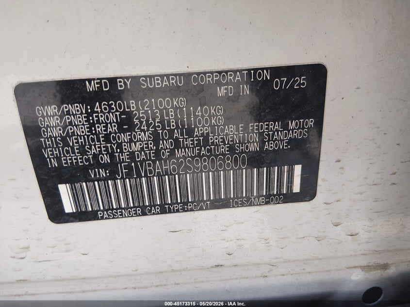 2025 Subaru Wrx VIN JF1VBAH62S9806800 IAAI salvage auction — FRONT END, Salvage (Texas), sold $25 on 2026-07-29 (photo 9)