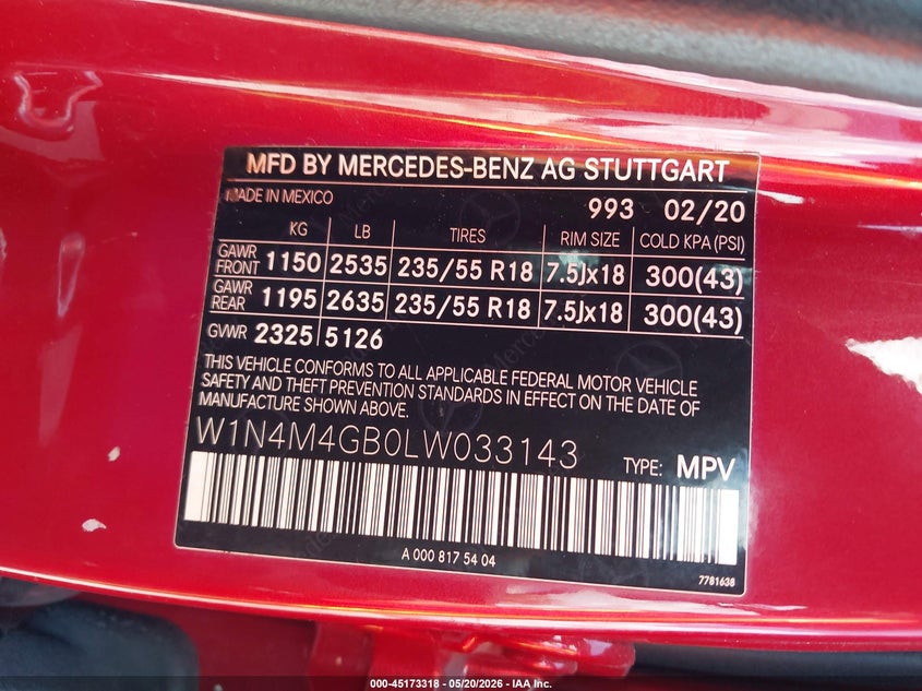 2020 Mercedes-benz Glb VIN W1N4M4GB0LW033143 IAAI salvage auction — FRONT END, Rebuildable (Florida), sold $5,550 on 2026-07-13 (photo 9)
