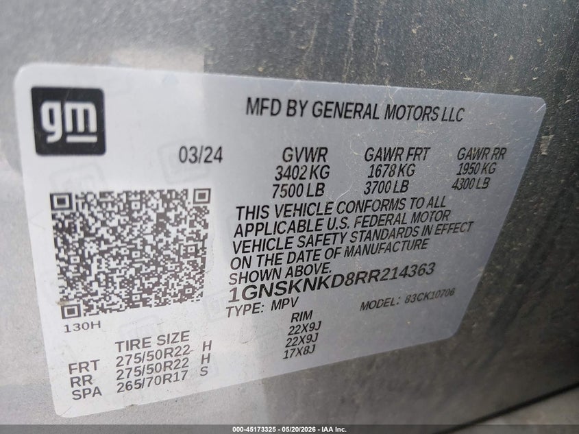 2024 Chevrolet Tahoe VIN 1GNSKNKD8RR214363 IAAI salvage auction — SIDE, Salvage (Oklahoma), sold $25,500 on 2026-07-30 (photo 9)