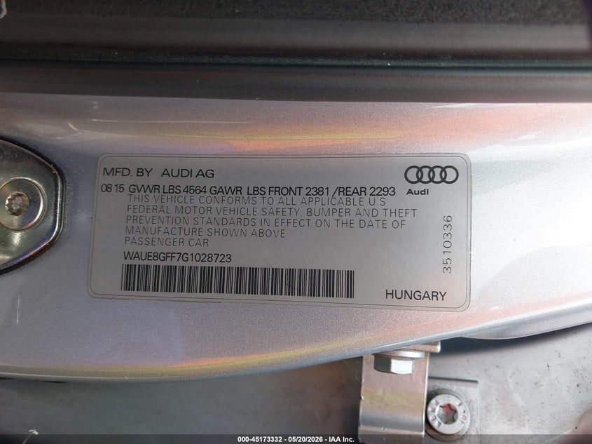 2016 Audi A3 VIN WAUE8GFF7G1028723 IAAI salvage auction — RIGHT FRONT, Salvage (Texas), sold $675 on 2026-07-29 (photo 9)