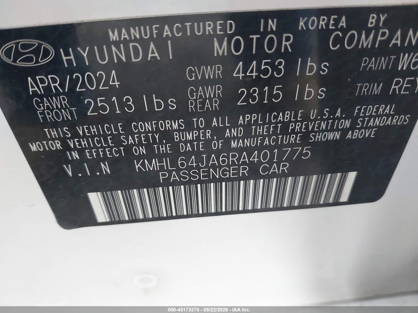 2024 Hyundai Sonata VIN KMHL64JA6RA401775 IAAI salvage auction — FRONT END, Salvage (Indiana), sold $7,200 on 2026-07-15 (photo 9)