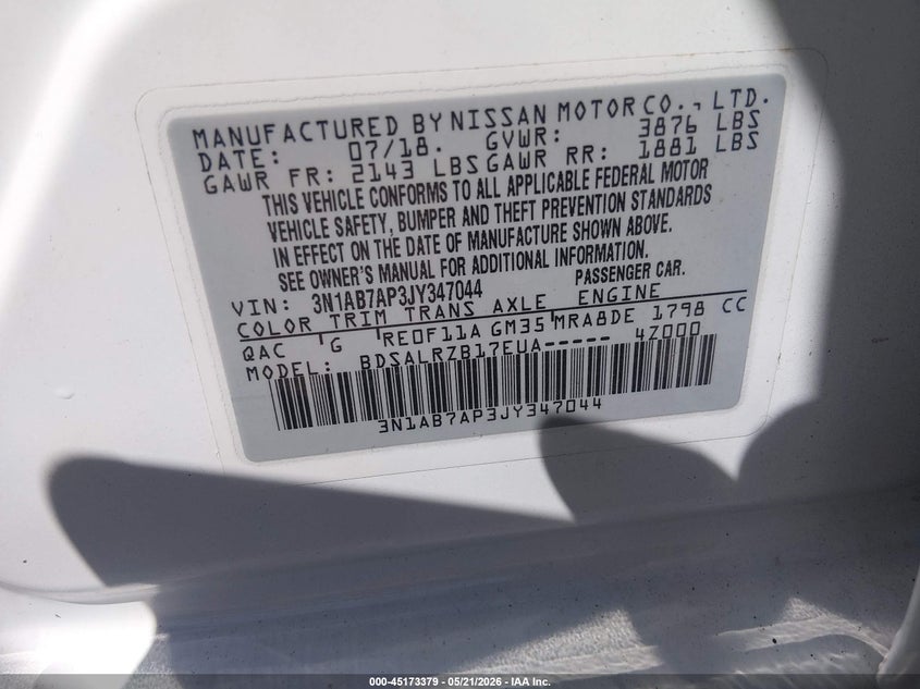 2018 Nissan Sentra VIN 3N1AB7AP3JY347044 IAAI salvage auction — SIDE, Salvage Title, sold $1,750 on 2026-07-19 (photo 9)