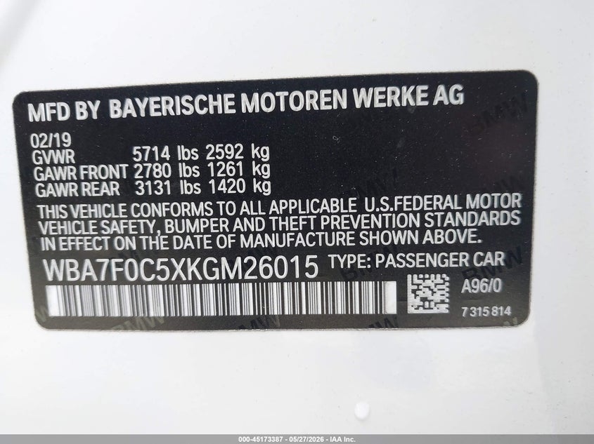 2019 BMW 7er VIN WBA7F0C5XKGM26015 IAAI salvage auction — FRONT END, Salvage (California), sold $7,300 on 2026-07-24 (photo 9)