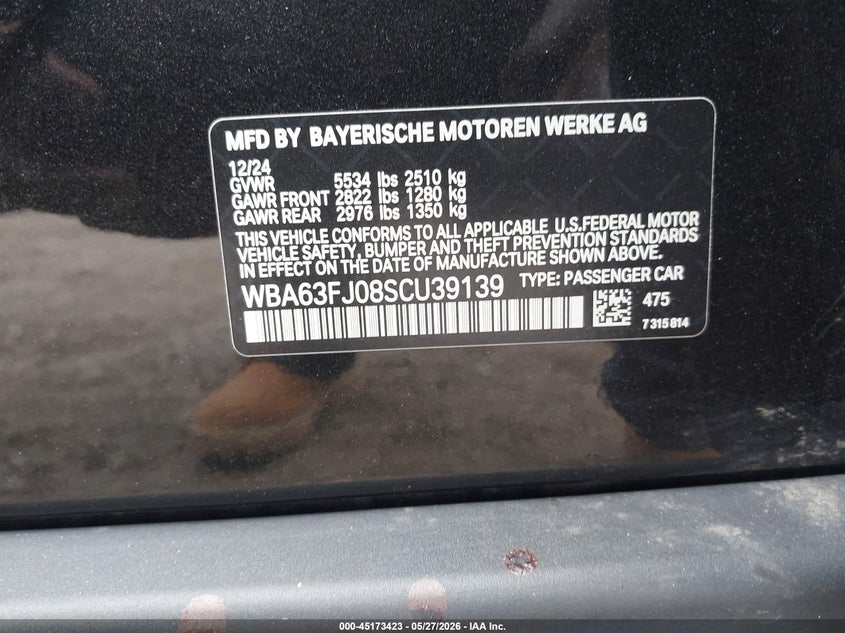 2025 BMW 5er VIN WBA63FJ08SCU39139 IAAI salvage auction — BIO HAZARD, Salvage Title, sold $22,300 on 2026-09-15 (photo 9)
