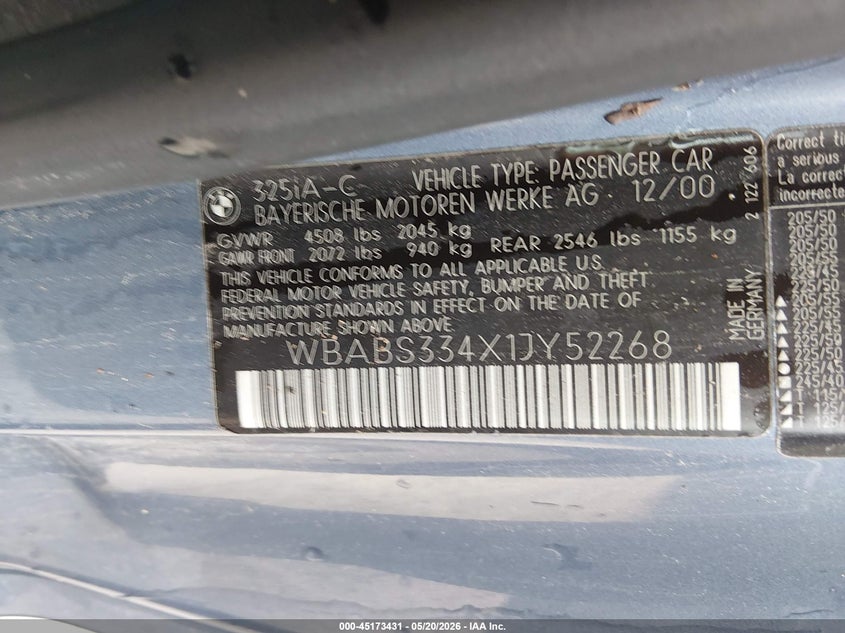 2001 BMW 3er VIN WBABS334X1JY52268 IAAI salvage auction — LEFT SIDE, Salvage (Ohio), sold $275 on 2026-08-04 (photo 9)