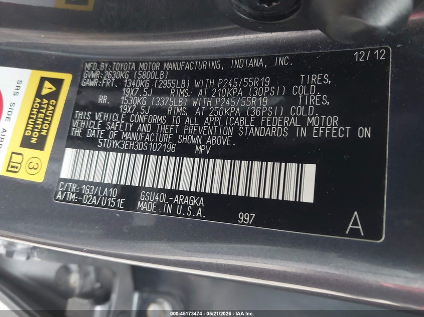 2013 Toyota Highlander VIN 5TDYK3EH3DS102196 IAAI salvage auction — ROLLOVER, Salvage (Texas), sold $3,050 on 2026-07-15 (photo 9)