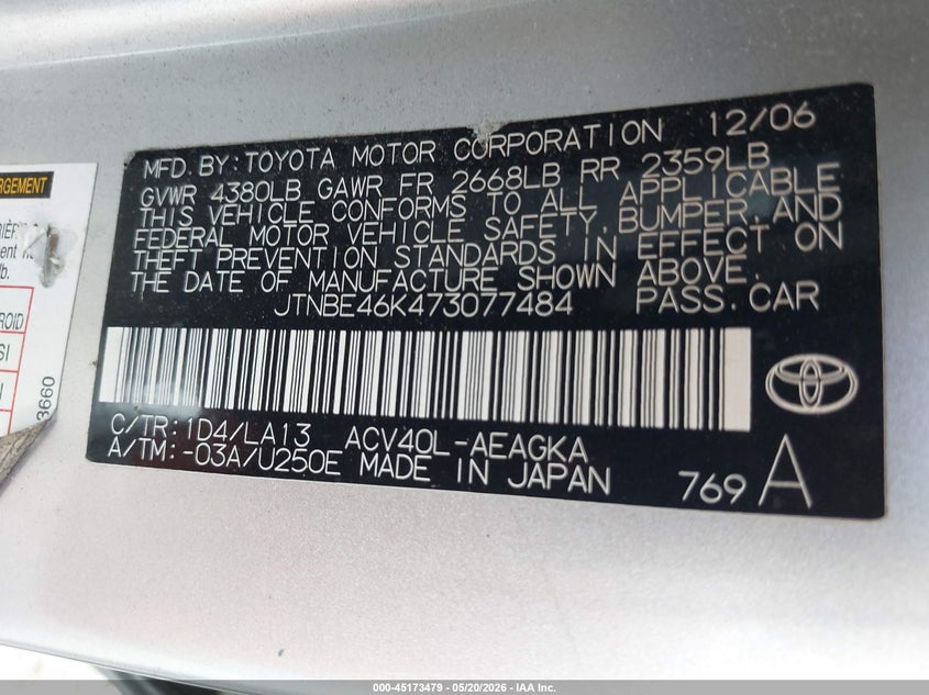 2007 Toyota Camry VIN JTNBE46K473077484 IAAI salvage auction — FRONT END, Salvage (Pennsylvania), sold $450 on 2026-07-10 (photo 9)