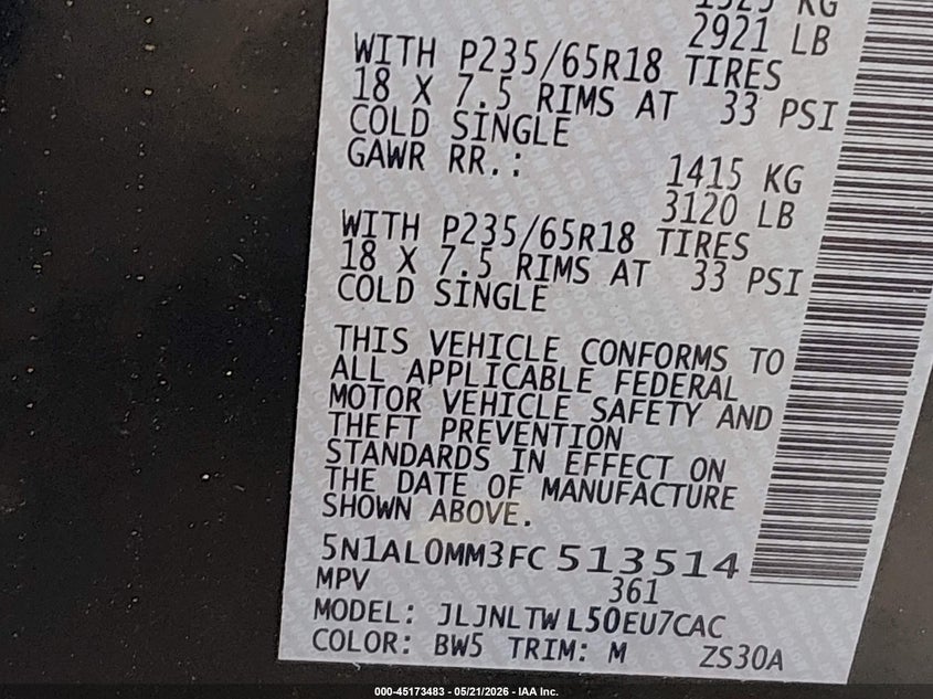 2015 Infiniti Qx60 VIN 5N1AL0MM3FC513514 IAAI salvage auction — NORMAL WEAR, Wait Title, sold $825 on 2026-08-24 (photo 9)