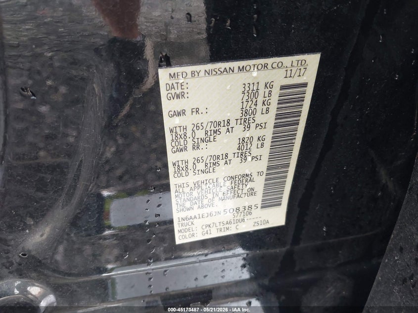 2018 Nissan TITAN VIN 1N6AA1EJ6JN508385 IAAI salvage auction — LEFT FRONT, Salvage (Georgia), sold $7,825 on 2026-07-31 (photo 9)