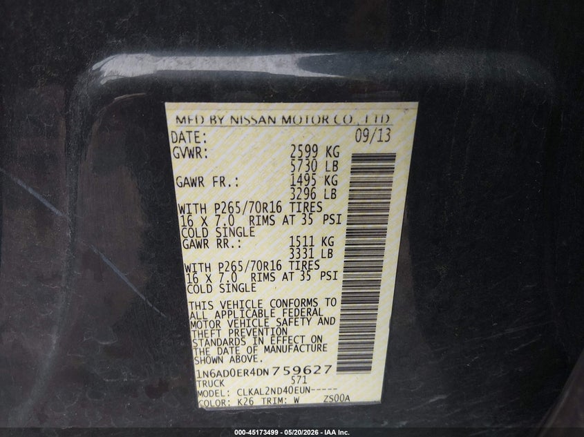 2013 Nissan Navara (frontier) VIN 1N6AD0ER4DN759627 IAAI salvage auction — REAR END, Salvage (Texas), sold $2,050 on 2026-07-09 (photo 9)