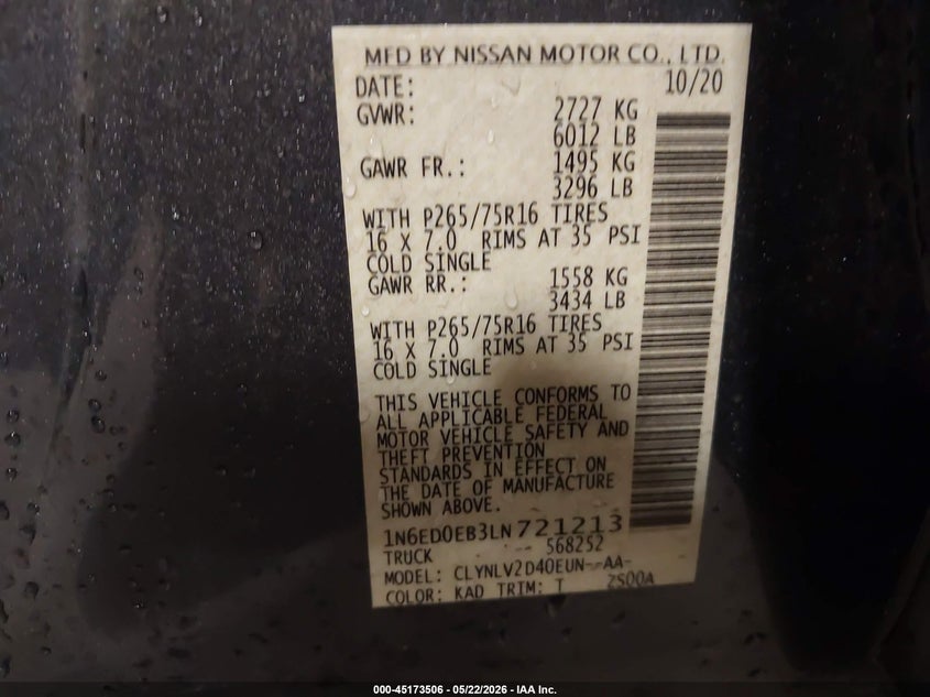 2020 Nissan Navara (frontier) VIN 1N6ED0EB3LN721213 IAAI salvage auction — LEFT SIDE, Regular (South Dakota), sold $9,100 on 2026-07-28 (photo 9)