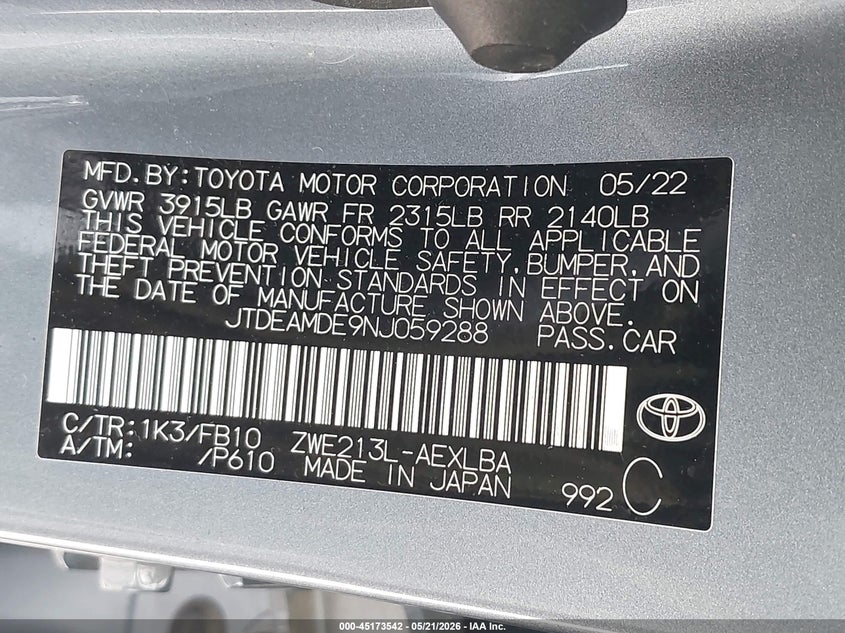 2022 Toyota Corolla VIN JTDEAMDE9NJ059288 IAAI salvage auction — FRONT END, Original (Texas), sold $4,400 on 2026-07-29 (photo 9)