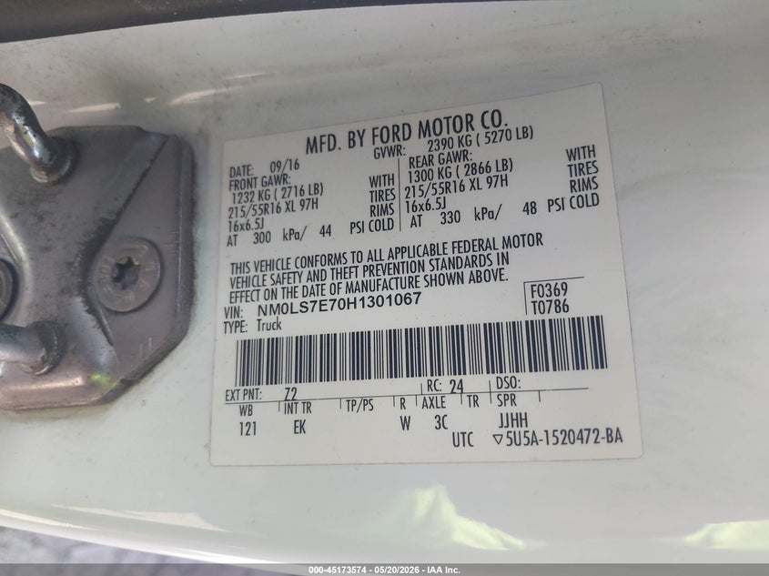 2017 Ford Transit VIN NM0LS7E70H1301067 IAAI salvage auction — REAR END, Rebuildable (Florida), sold $1,225 on 2026-07-07 (photo 9)