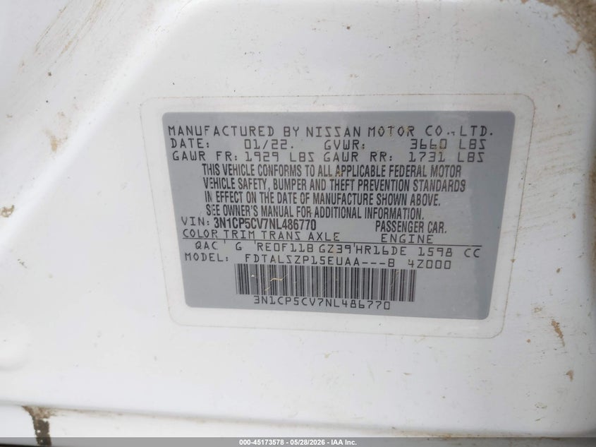 2022 Nissan Kicks VIN 3N1CP5CV7NL486770 IAAI salvage auction — RIGHT FRONT, Salvage Title, sold $1,625 on 2026-07-22 (photo 9)