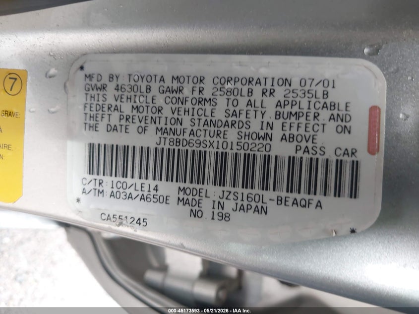 2001 Lexus Gs 300 VIN JT8BD69SX10150220 IAAI salvage auction — NORMAL WEAR, Original (Texas), sold $925 on 2026-07-06 (photo 9)