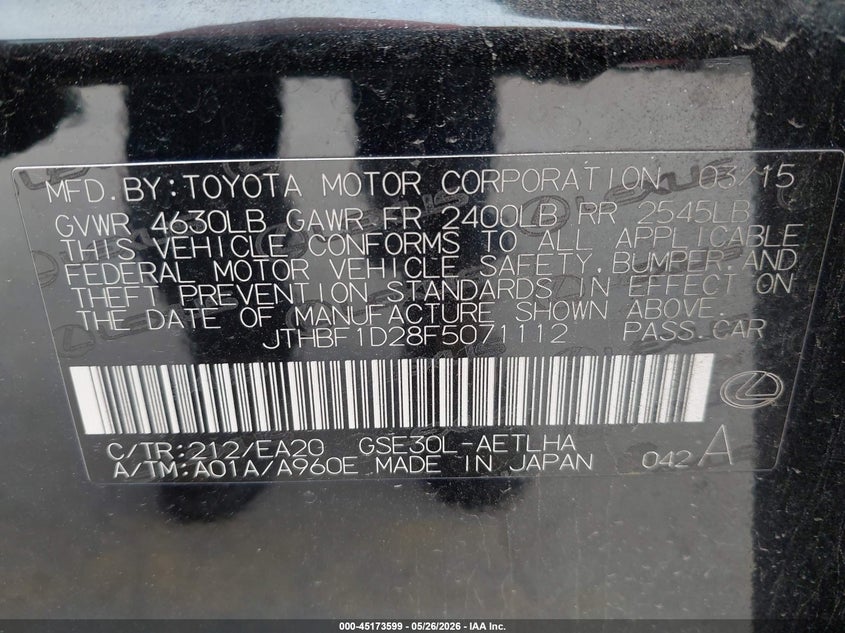 2015 Lexus Is VIN JTHBF1D28F5071112 IAAI salvage auction — LEFT FRONT, Original (Texas), sold $5,975 on 2026-07-06 (photo 9)