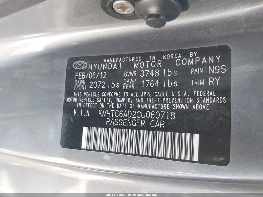 2012 Hyundai Veloster VIN KMHTC6AD2CU060718 IAAI salvage auction — LEFT SIDE, Salvage (California), sold $1,275 on 2026-07-15 (photo 9)