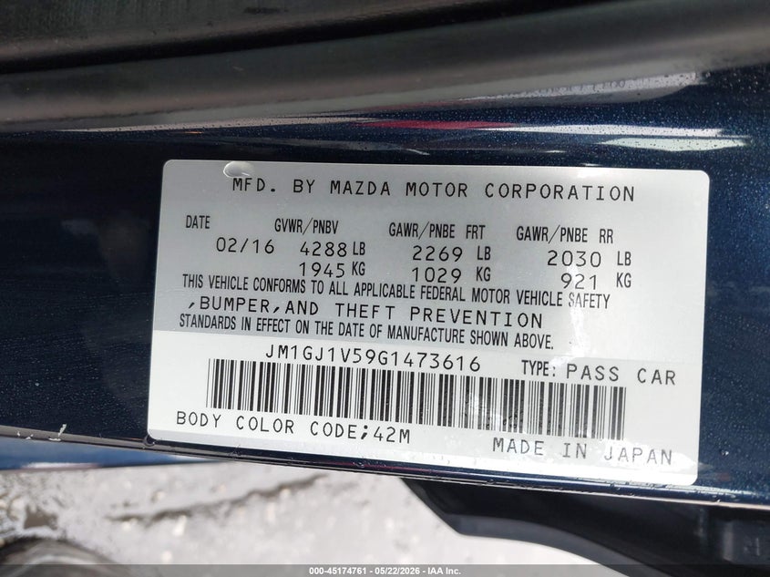 2016 Mazda 6 VIN JM1GJ1V59G1473616 IAAI salvage auction — RIGHT FRONT, Salvage (Missouri), sold $1,275 on 2026-07-07 (photo 9)
