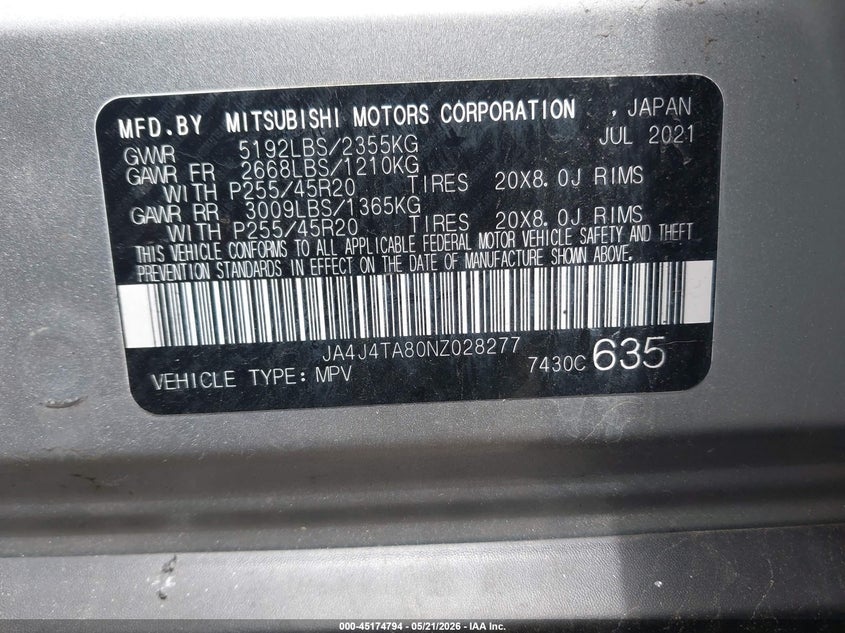 2022 Mitsubishi Outlander VIN JA4J4TA80NZ028277 IAAI salvage auction — RIGHT FRONT, Salvage (Idaho), sold $7,800 on 2026-07-17 (photo 9)