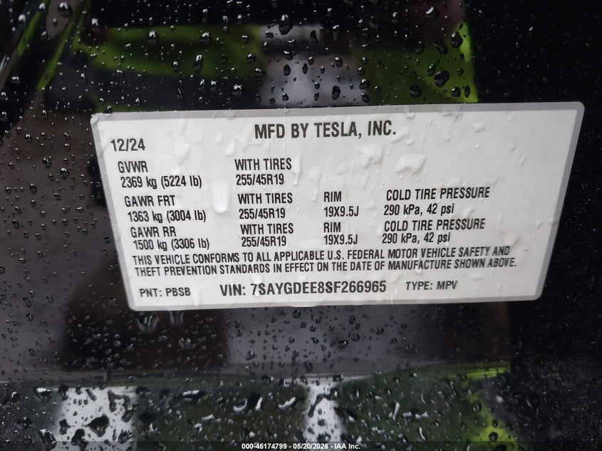 2025 Tesla Model y VIN 7SAYGDEE8SF266965 IAAI salvage auction — FRONT END, Salvage (Ohio), sold $10,700 on 2026-07-30 (photo 9)