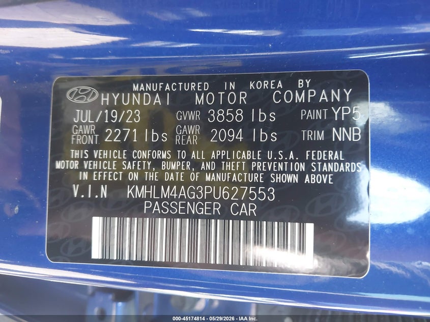 2023 Hyundai Elantra VIN KMHLM4AG3PU627553 IAAI salvage auction — FRONT END, Salvage Title, sold $2,250 on 2026-07-21 (photo 9)