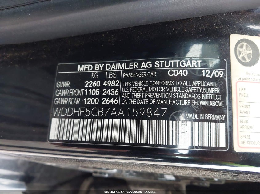 2010 Mercedes-benz E-class VIN WDDHF5GB7AA159847 IAAI salvage auction — FRONT END, Nrc Lienholder Repossession Paperwork (Texas), sold $500 on 2026-07-06 (photo 9)