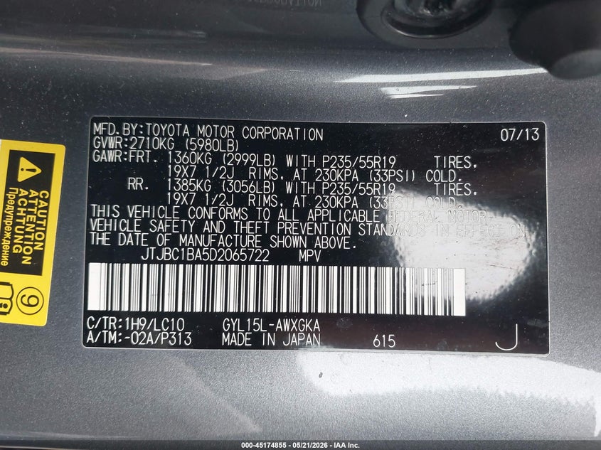 2013 Lexus Rx VIN JTJBC1BA5D2065722 IAAI salvage auction — RIGHT SIDE, Salvage (Idaho), sold $5,550 on 2026-07-22 (photo 9)