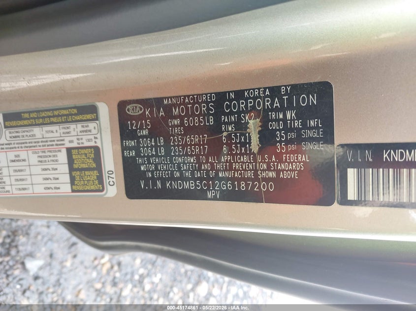2016 Kia SEDONA VIN KNDMB5C12G6187200 IAAI salvage auction — FRONT END, Salvage (Louisiana), sold $400 on 2026-07-22 (photo 9)