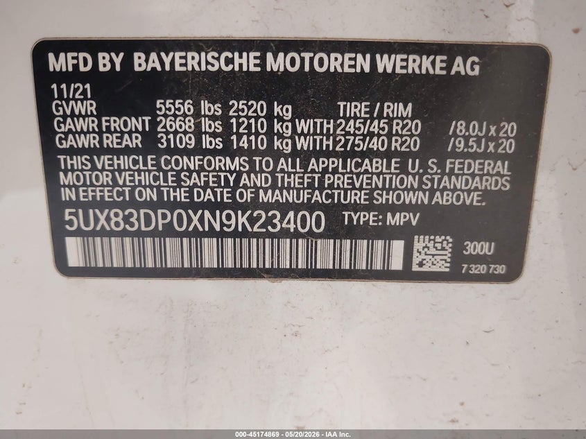 2022 BMW X3 VIN 5UX83DP0XN9K23400 IAAI salvage auction — FRONT END, Salvage (Arizona), sold $10,100 on 2026-07-29 (photo 8)