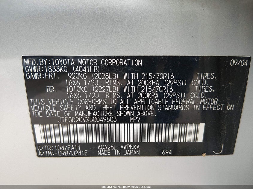 2005 Toyota Rav4 VIN JTEGD20VX50049803 IAAI salvage auction — FRONT & REAR, Salvage (Texas), sold $25 on 2026-07-21 (photo 9)