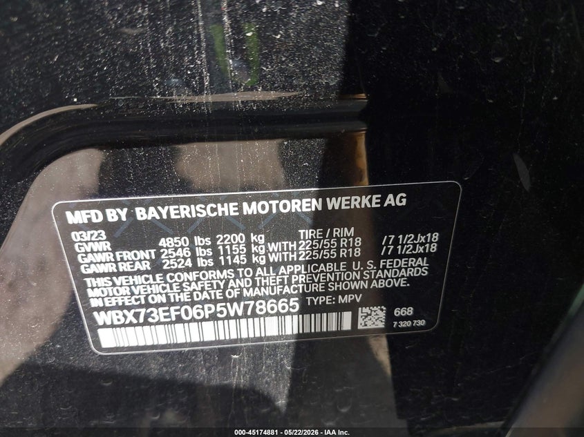 2023 BMW X1 VIN WBX73EF06P5W78665 IAAI salvage auction — REAR END, Original (Texas), sold $11,100 on 2026-07-21 (photo 9)