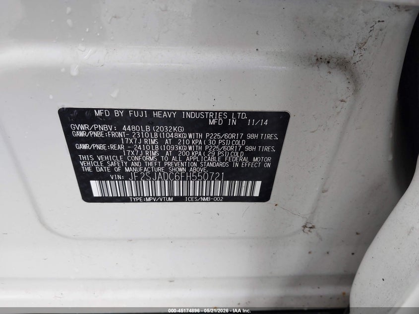 2015 Subaru Forester VIN JF2SJADC6FH550721 IAAI salvage auction — FRONT END, Certificate Of Title (Nebraska), sold $700 on 2026-07-16 (photo 9)