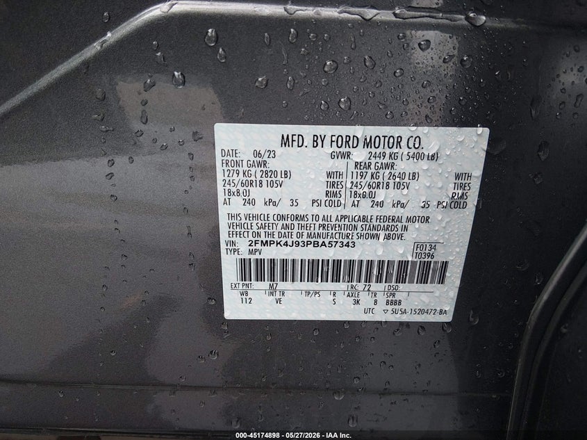 2023 Ford Edge VIN 2FMPK4J93PBA57343 IAAI salvage auction — FRONT END, Salvage Title, sold $4,250 on 2026-07-22 (photo 9)