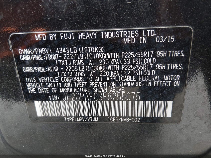 2015 Subaru Xv VIN JF2GPAFC3F8255075 IAAI salvage auction — FRONT END, Salvage (Pennsylvania), sold $1,300 on 2026-07-24 (photo 9)