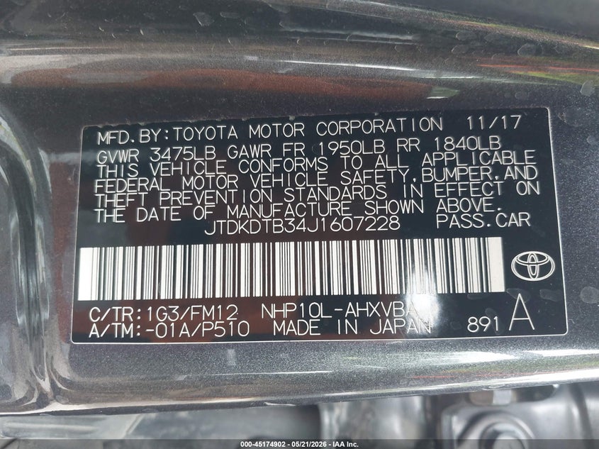 2018 Toyota Prius c VIN JTDKDTB34J1607228 IAAI salvage auction — LEFT SIDE, Salvage (Kansas), sold $3,600 on 2026-07-15 (photo 9)