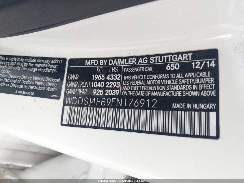 2015 Mercedes-benz Cla-klasse VIN WDDSJ4EB9FN176912 IAAI salvage auction — REAR END, Salvage (Georgia), sold $2,150 on 2026-08-12 (photo 9)