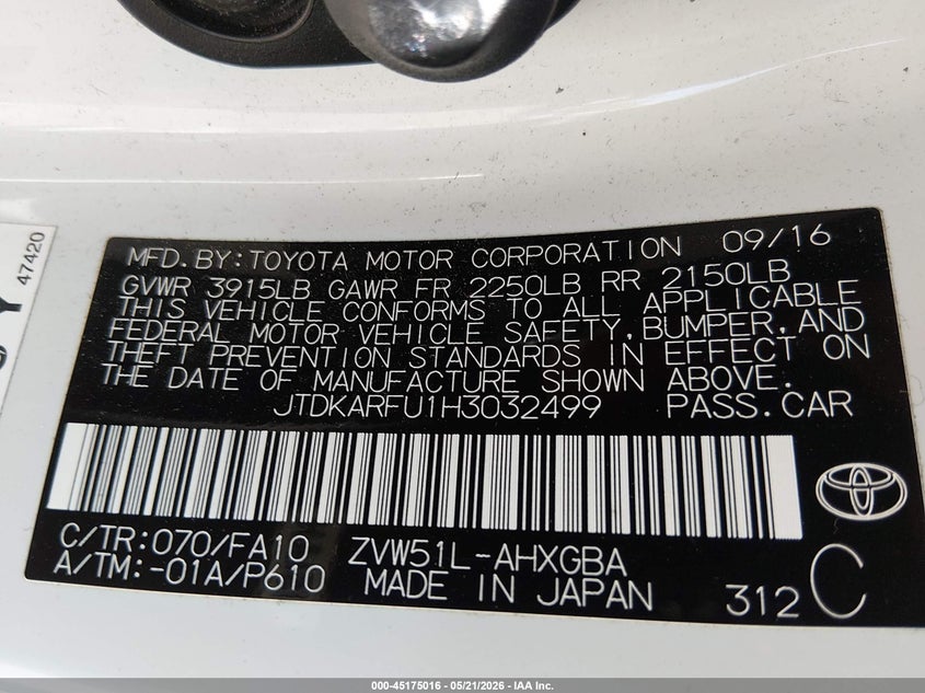 2017 Toyota Prius VIN JTDKARFU1H3032499 IAAI salvage auction — FRONT & REAR, Salvage (Ohio), sold $3,450 on 2026-07-17 (photo 9)