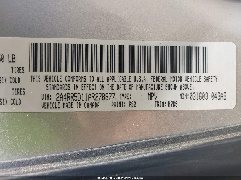 2010 Chrysler Town & country VIN 2A4RR5D11AR278677 IAAI salvage auction — NORMAL WEAR, Clear (Mississippi), sold $450 on 2026-07-09 (photo 9)