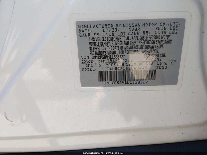 2020 Nissan Kicks VIN 3N1CP5BV1LL533127 IAAI salvage auction — NORMAL WEAR, Sf97 (Illinois), sold $2,050 on 2026-07-09 (photo 9)