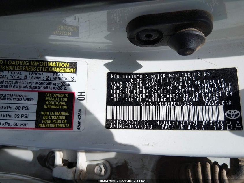 2014 Toyota Corolla VIN 5YFBURHE8EP070358 IAAI salvage auction — ROLLOVER, Salvage (New Mexico), sold $750 on 2026-07-15 (photo 9)