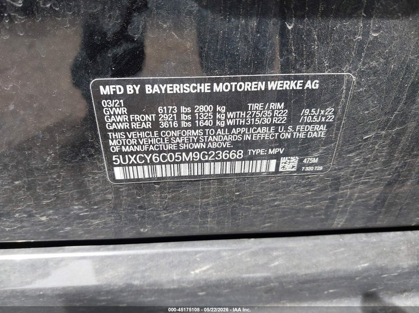 2021 BMW X6 VIN 5UXCY6C05M9G23668 IAAI salvage auction — FRONT END, Salvage (Idaho), sold $14,600 on 2026-07-23 (photo 9)
