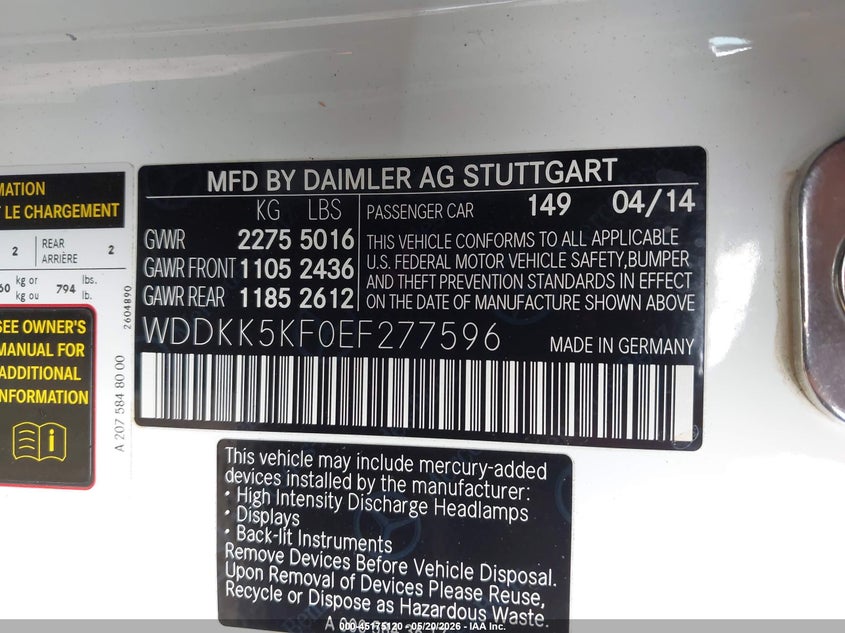 2014 Mercedes-benz E-klasse VIN WDDKK5KF0EF277596 IAAI salvage auction — FRONT END, Original (Texas), sold $4,150 on 2026-07-21 (photo 9)