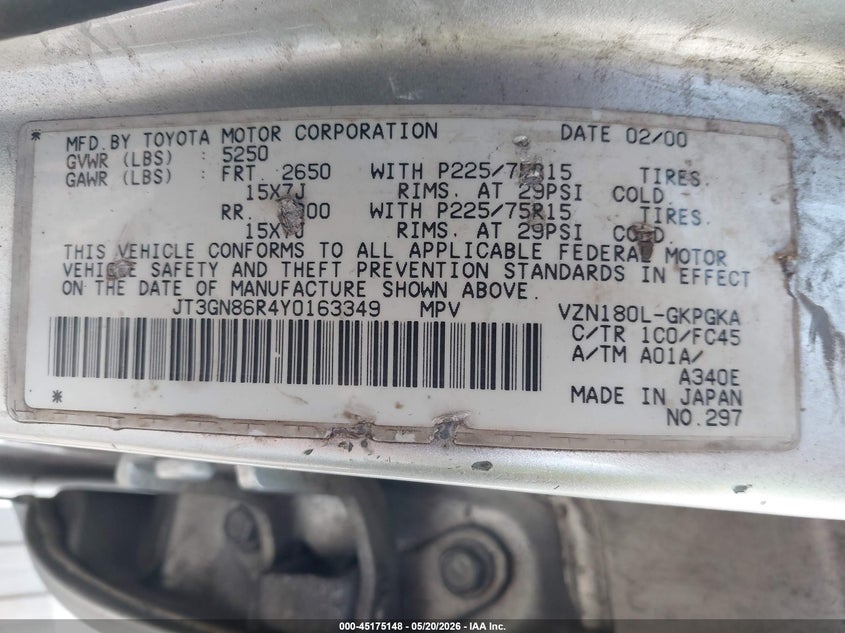 2000 Toyota 4runner VIN JT3GN86R4Y0163349 IAAI salvage auction — NORMAL WEAR, Clear (Florida), sold $700 on 2026-07-20 (photo 9)