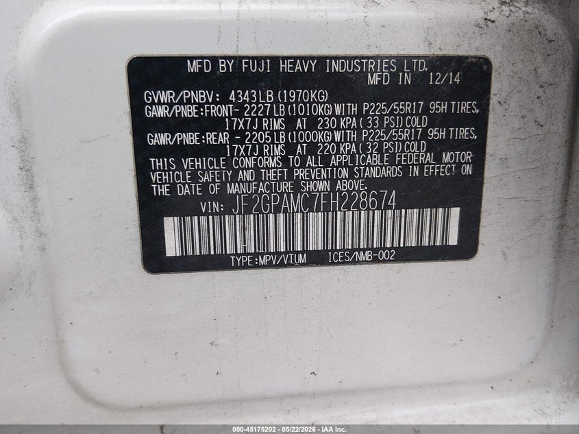 2015 Subaru Xv VIN JF2GPAMC7FH228674 IAAI salvage auction — HAIL, Clear (Missouri), sold $1,450 on 2026-07-30 (photo 9)