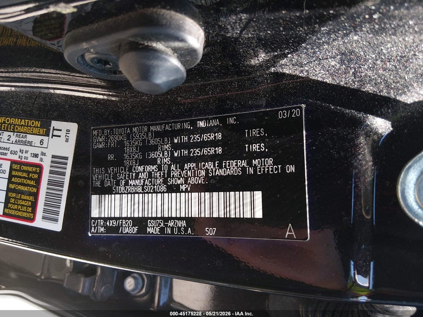 2020 Toyota Highlander VIN 5TDBZRBH8LS021086 IAAI salvage auction — LEFT & RIGHT, Salvage (Colorado), sold $7,800 on 2026-07-28 (photo 9)