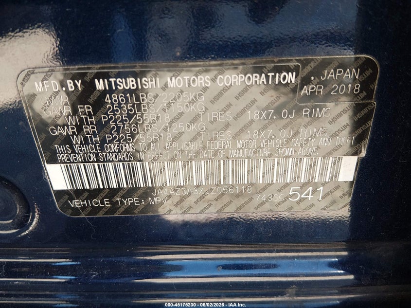 2018 Mitsubishi Outlander VIN JA4AZ3A3XJZ056118 IAAI salvage auction — FRONT END, Salvage Title, sold $3,450 on 2026-07-09 (photo 9)