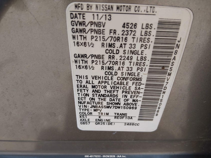 2013 Nissan Rogue VIN JN8AS5MV7DW150969 IAAI salvage auction — HAIL, Salvage (Kansas), sold $950 on 2026-07-10 (photo 9)