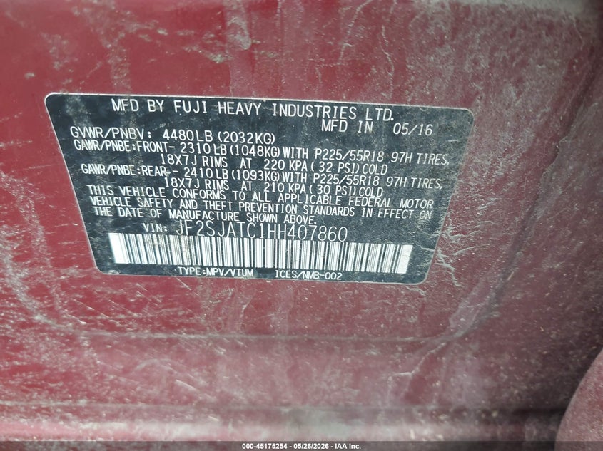 2017 Subaru Forester VIN JF2SJATC1HH407860 IAAI salvage auction — FRONT & REAR, Salvage (Virginia), sold $350 on 2026-07-21 (photo 9)
